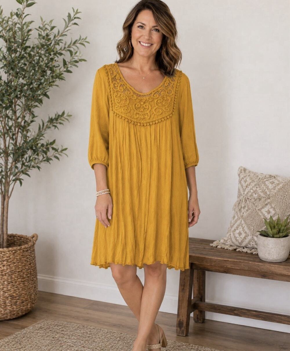Anthropologie Naif size Large Mustard Yellow Lined shift dress crocheting NEW